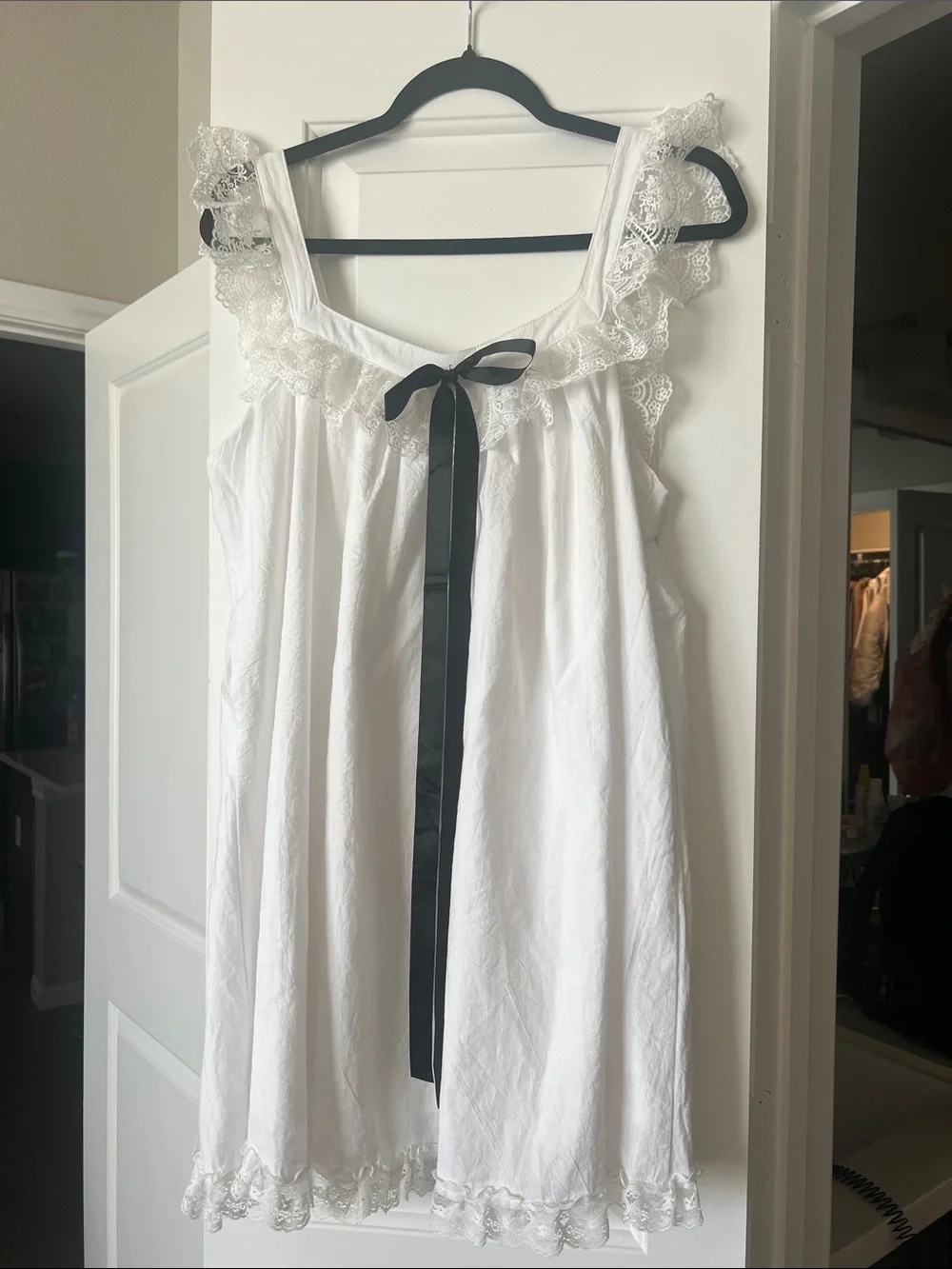 Amazon White Babydoll Midi Dress with Black Ribbon Tie